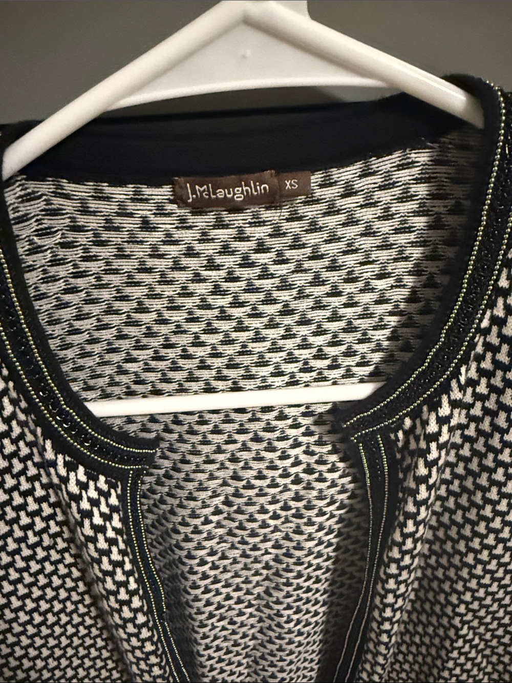 J. McLaughlin Black & White Knit Open Cardigan with Beaded Contrast Trim